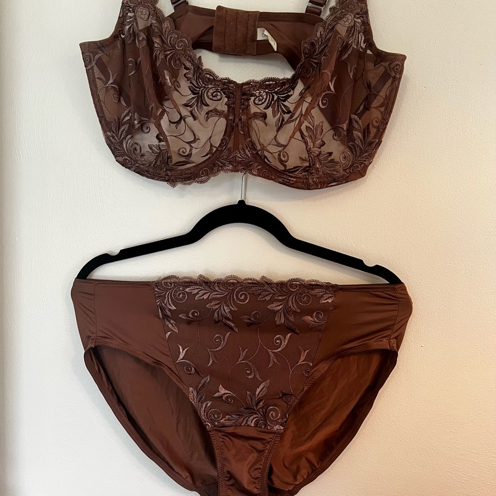 Soma Sensuous Lace Unlined Bra 42DDD and Panty Set XL - NEW - NUTMEG